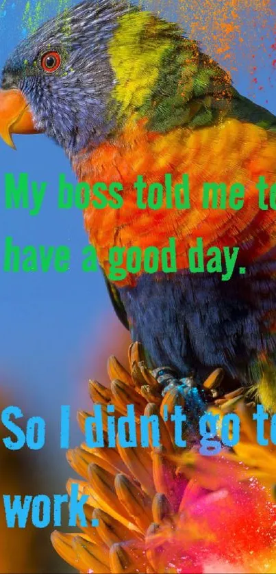 Colorful parrot with motivational quote text.