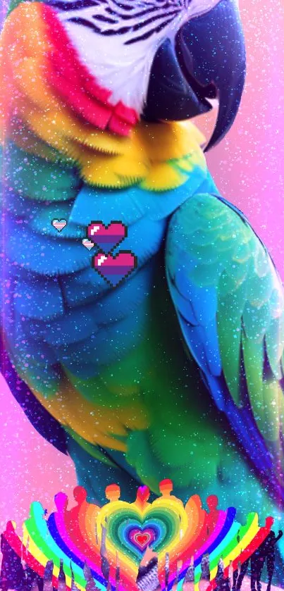 Vibrant parrot with rainbow hues and hearts, perfect for mobile wallpaper.