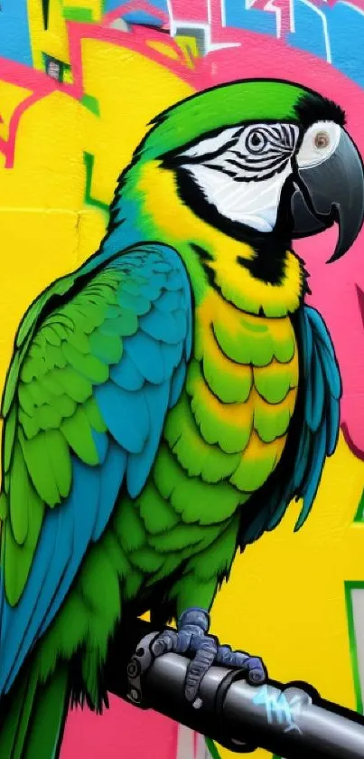 Vibrant graffiti parrot on colorful wall.