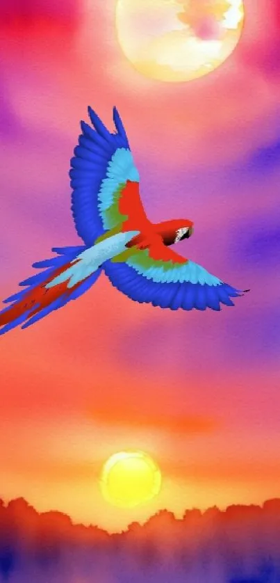 Vibrant parrot flying in colorful sunset sky mobile wallpaper.