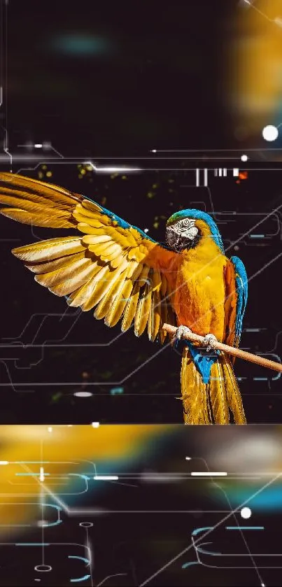 Vibrant parrot with tech-inspired background on mobile wallpaper.