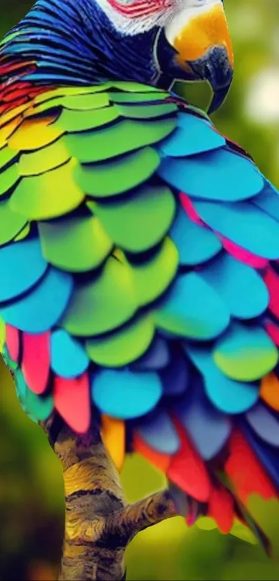 Brightly colored parrot with vivid feathers standing on a branch.