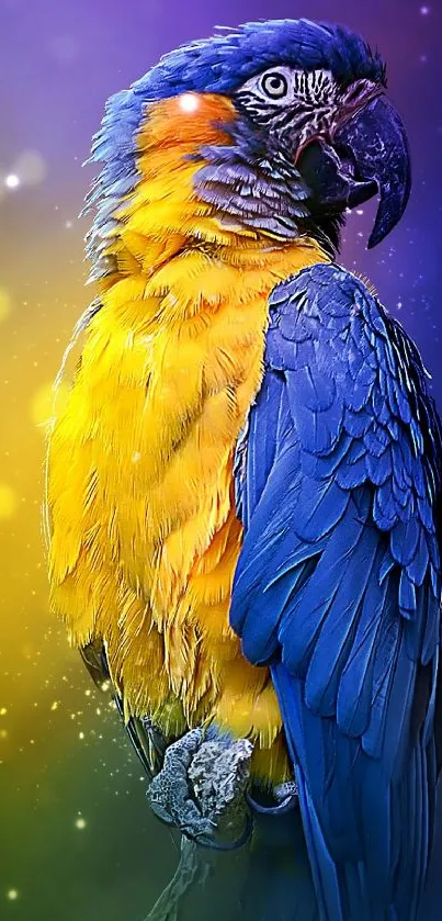 Vibrant blue and yellow macaw with a starry backdrop.