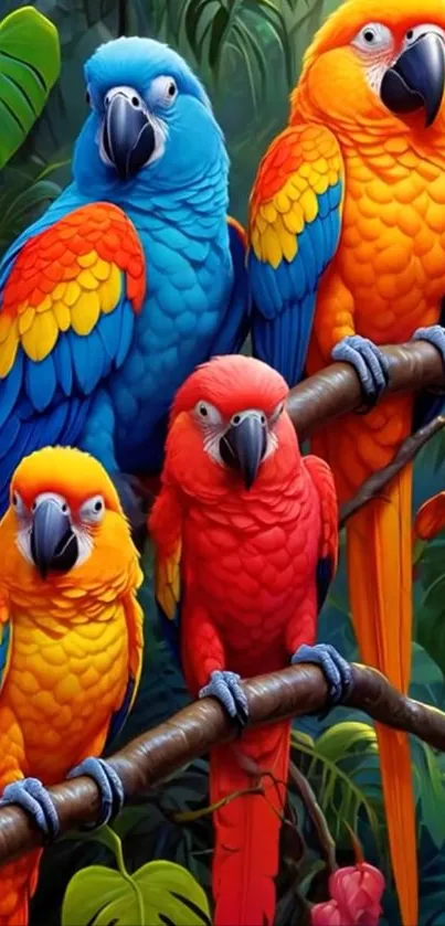 Vibrant macaws perched in a tropical jungle setting.
