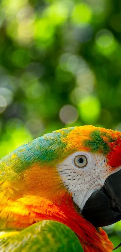 Colorful parrot with vibrant feathers against blurred green background.