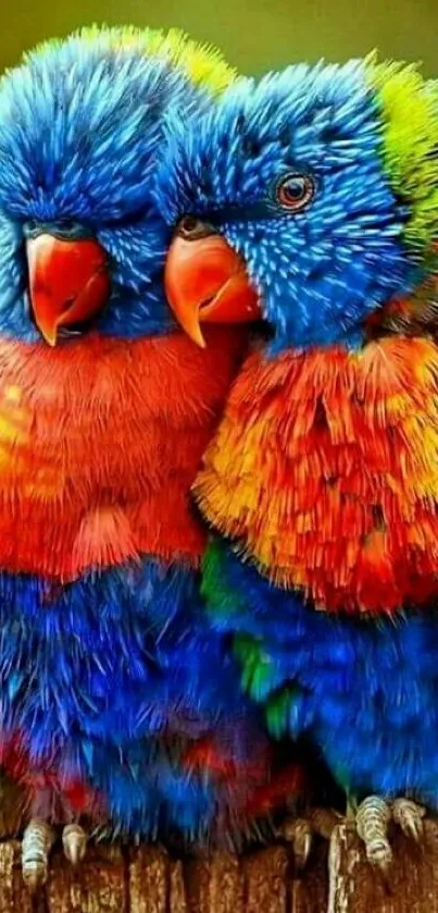 Two vibrant parrots perched closely, showcasing colorful feathers.