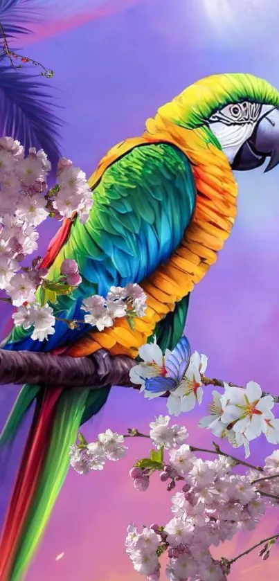 Vibrant parrot perched on a branch with a colorful, artistic background.