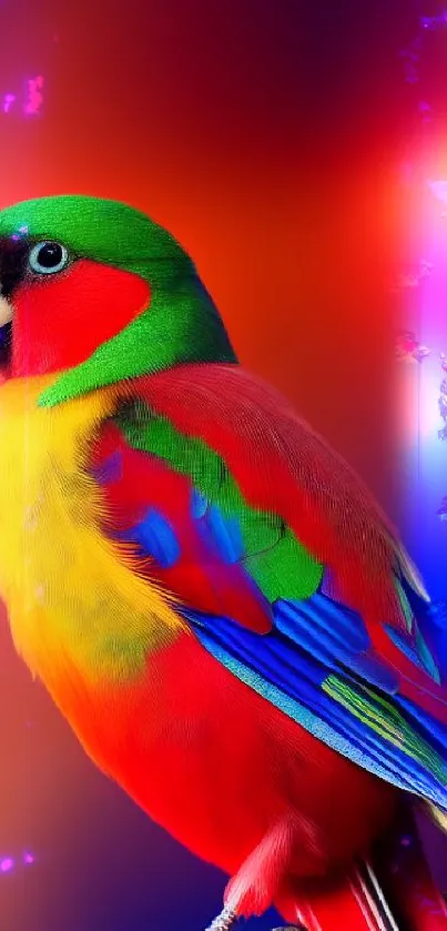 Colorful parrot with vibrant red, green, and yellow plumage on a phone wallpaper.