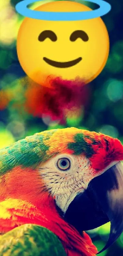 Colorful parrot with halo emoji on a vibrant green background