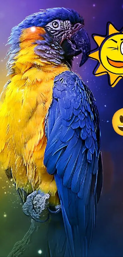 Colorful parrot with emojis on a vibrant background.