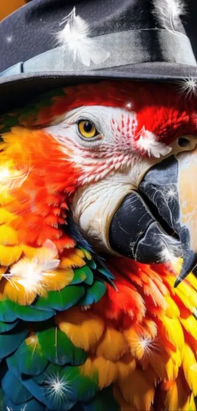 A vibrant parrot wearing a black hat with colorful feathers.