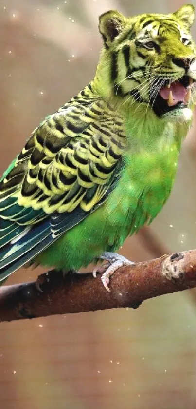 Hybrid bird with parakeet and tiger features on a branch.