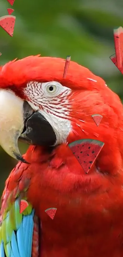 Vibrant parrot with watermelon slices on lush background.