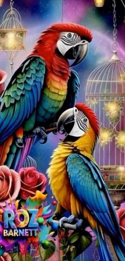 Vibrant artwork of parrots and roses on a fantasy background.