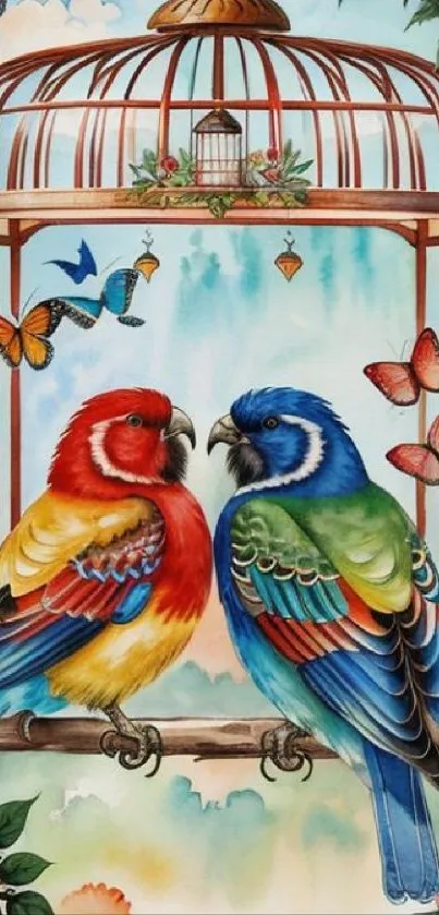 Colorful parrots and butterflies in a decorative birdcage art.