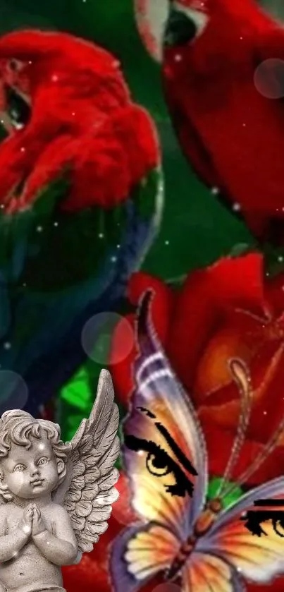 Parrots, roses, cherub, and butterfly wallpaper with vibrant colors.