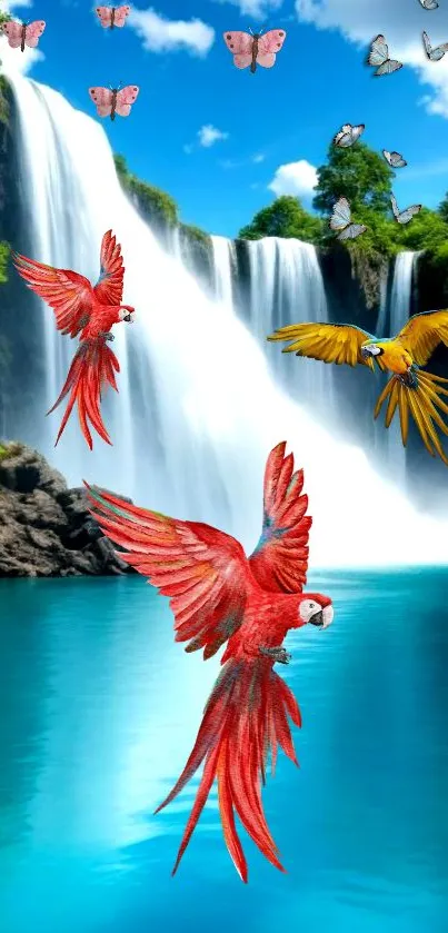 Vibrant parrots flying over a turquoise river with a waterfall in the background.