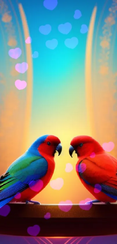 Vibrant parrots in ornate artistic background with bright blue and red hues.