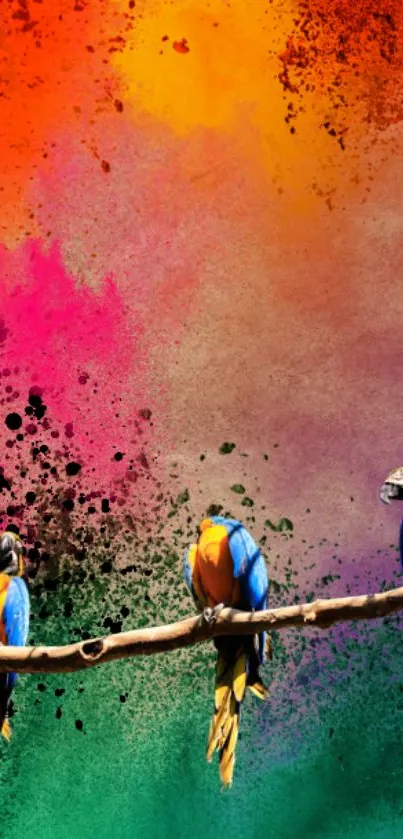 Vibrant wallpaper featuring colorful parrots and artistic splashes.