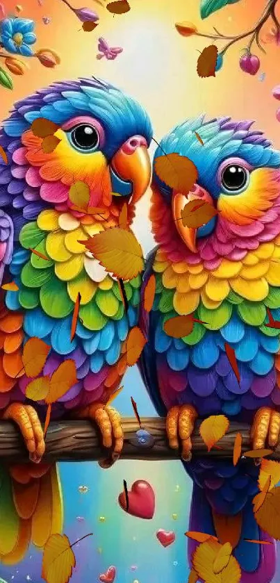 Two colorful parrots with vibrant feathers sitting on a branch.