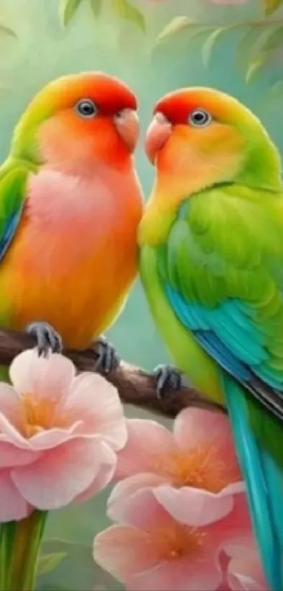 Two colorful parrots sitting on a branch surrounded by pink blossoms.