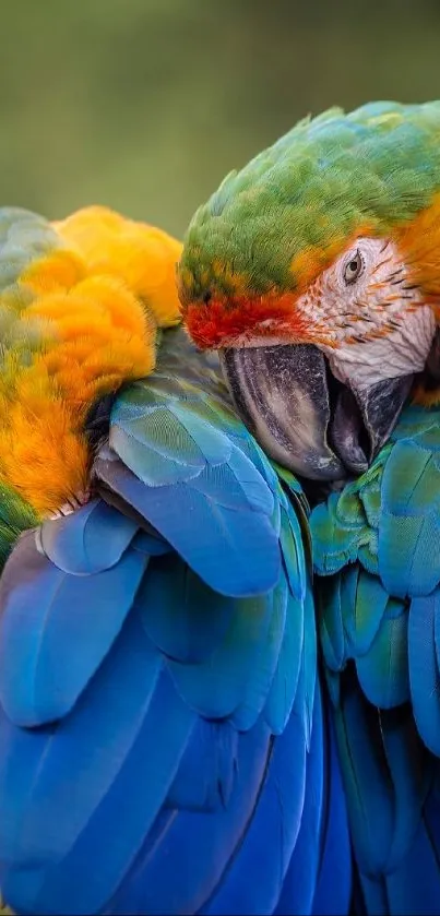 Close-up of two vibrant, colorful parrots embracing.