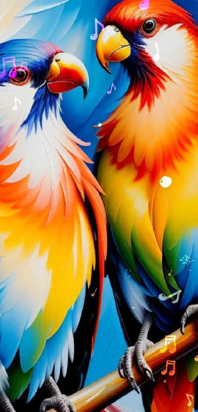 Colorful art of two vibrant parrots with vivid feathers on a branch.