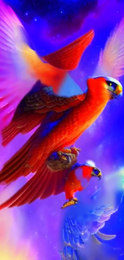 Colorful parrots soaring against a cosmic, starry night sky.