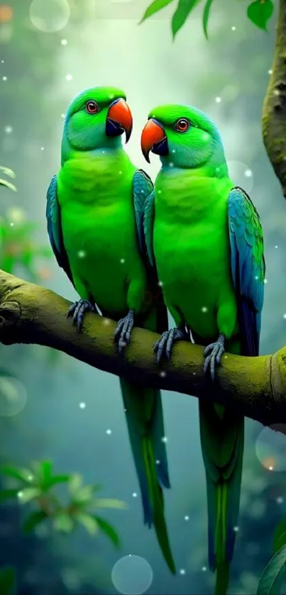 Vibrant green parrots perched on a tree branch in lush tropical forest.