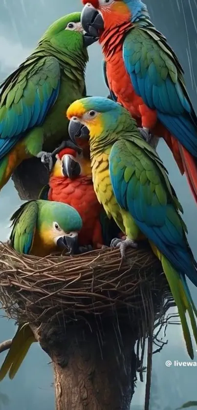 Five colorful parrots perched in a nest during rain.