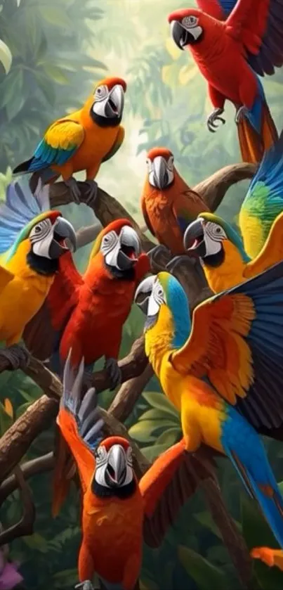 Vibrant parrots perched in a lush tropical setting.