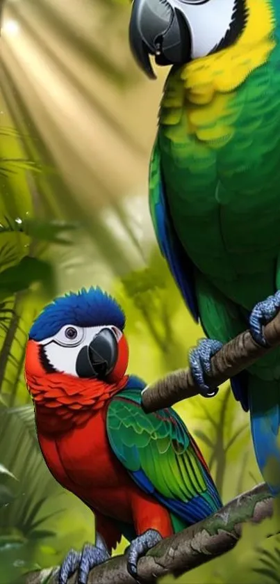 Vibrant parrots in a lush jungle setting.