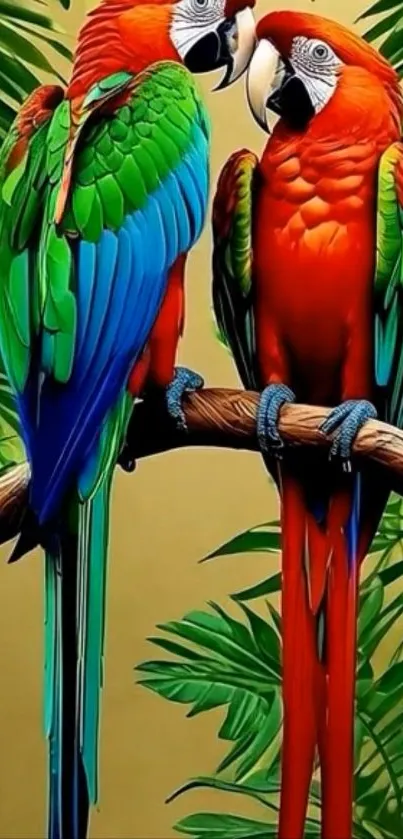 Two colorful parrots perched on a branch with lush green leaves background.
