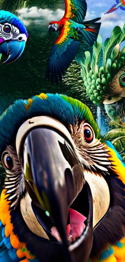 Vibrant tropical parrots in a lush, colorful setting for mobile wallpaper.