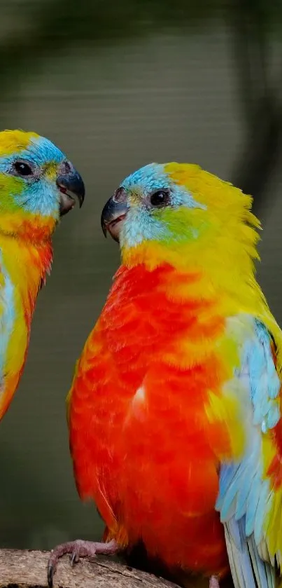 Two colorful parrots sitting on a branch with vibrant yellow and red plumage.