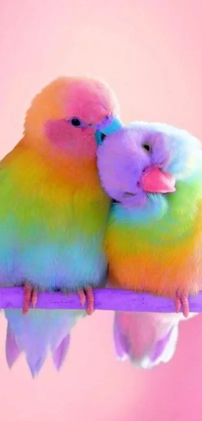 Colorful lovebirds against a pink background, creating a vibrant mobile wallpaper.