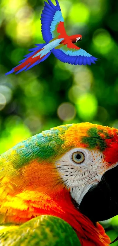 Vibrant parrot with lush green background mobile wallpaper.