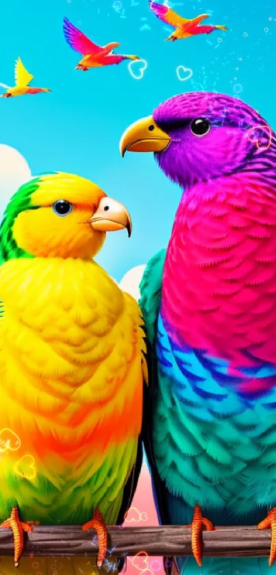 Bright and colorful parrot illustration on a vibrant sky background.