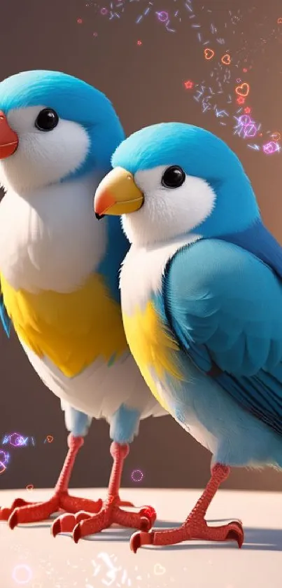 Two colorful 3D parrots on a warm-toned background.