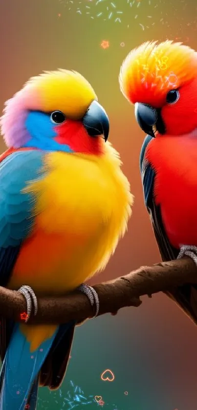 Two vibrant parrots sitting on a branch with colorful plumage.