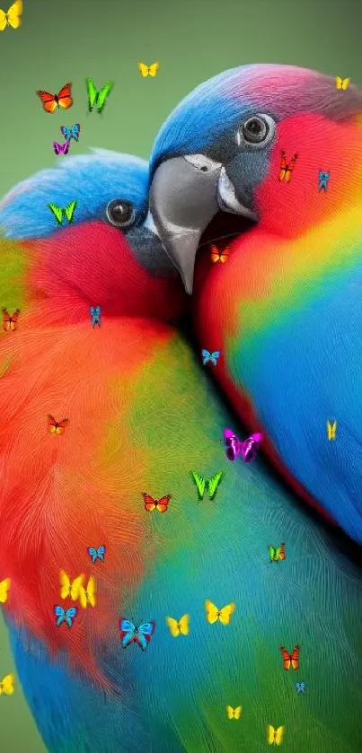 Two vibrant parrots with colorful plumage on green background.