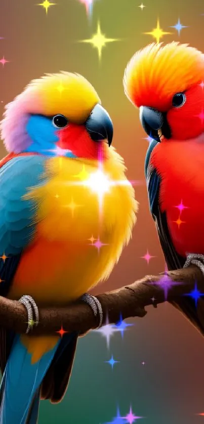 Two colorful parrots perched on a branch with a vibrant background.