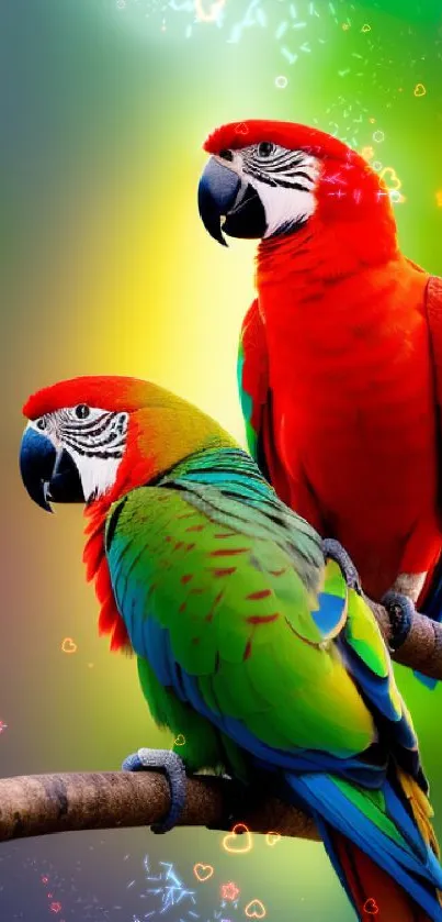 Two colorful parrots perched on a branch with a vibrant background.