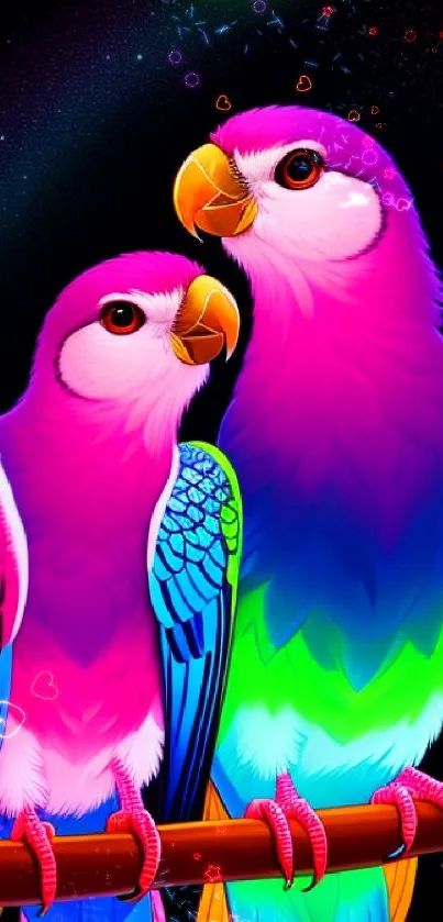 Two neon-colored parrots against a starry background.