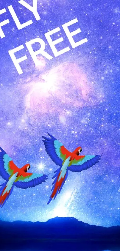 Vibrant parrots flying under a starry purple night sky with 'Fly Free' text.