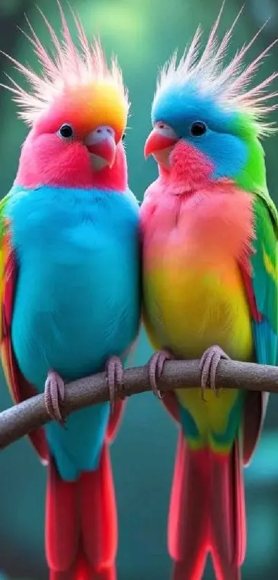 Vibrantly colored parrots perched on a branch.
