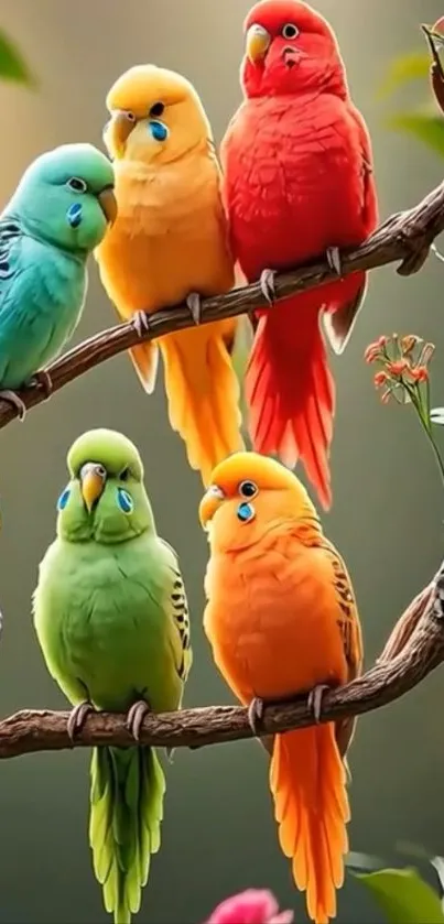 Colorful parrots perched on a branch, showcasing vibrant hues.