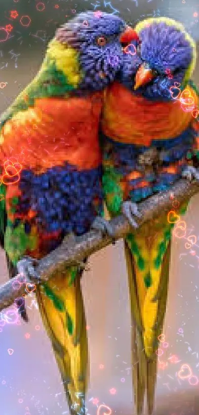 Two vibrant parrots perched on a branch, displaying colorful feathers.