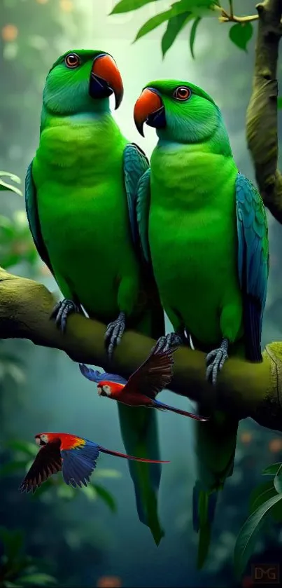 Two vibrant parrots perched on a jungle branch with lush foliage.