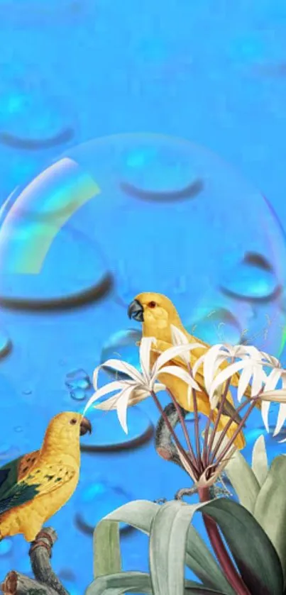 Tropical yellow birds on blue water wallpaper.